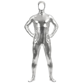 Aniler Unisex Shiny Metallic Open Face Zipper Stretchy Zentai Bodysuit (Small, Silver)