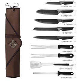 KOFERY 10PCS High Carbon Stainless Steel Knife Set for Home Kitchen, Camping - Ultra-Sharp Bread Chef Santoku Carving Utility Knife (Include 2PCS Carving Fork, Roll Bag and Sharpening Steel)