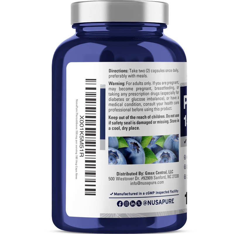 NusaPure Pterostilbene 150mg 180 Veggie Caps (Non-GMO, Vegan)