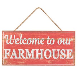 Vintage Red Wooden Sign - 12.5" x 6", Welcome to Our Farmhouse, Distressed Wooden Front Door Decor, Wreath, Home, Kitchen, Porch, Barn, Christmas, Valentine's Day