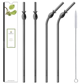 Homestia 4-Piece Reusable Metal Straws Drinking Straws with Pineapple Decor 10.5" Stainless Steel Straws includes 2 Straight+2 Bent+1 Cleaning Brush(Black)