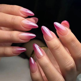 Rose Red Gradient Press on Nails Almond Short Fake Nails with Ombre Designs Acrylic False Nails Press ons Gossy Glue on Nails Full Cover Artificial Stick on Nails for Women 30 Pcs