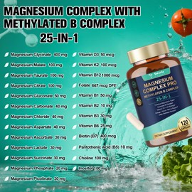 Totaria 25-in-1 Magnesium Complex with Methylated B Complex Magnesium Glycinate Citrate Malate Taurate Gluconate Aspartate Carbonate D3 K2, Magnesium Supplement for Relaxation Energy & Nerve, 120 Vegan Caps