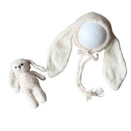 [NANA's shop] Newborn Rabbit Hood Hat and Amigurumi Set, Ivory, Wool Material, Anniversary Photo Newborn Photo, Ivory