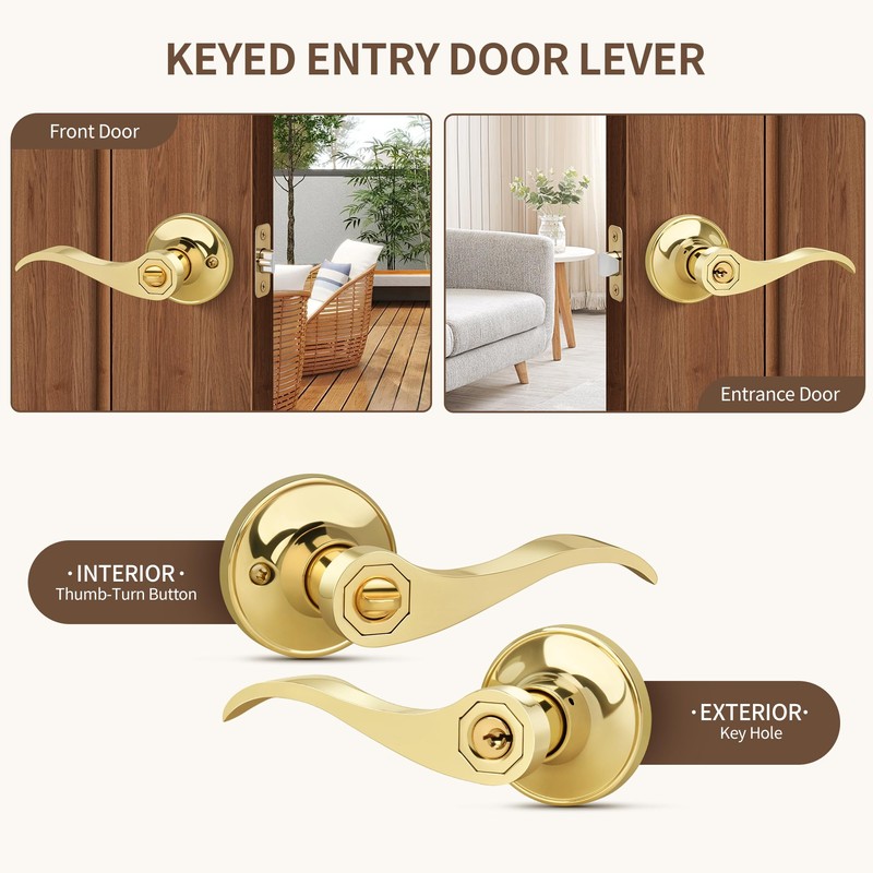Moquin Wavy Style Gold Door Handle with Lock and Key,