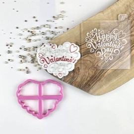 LissieLou Happy Valentine's Day Style 1 Cookie Cutter and Embosser Valentine's Day Icing Stamp Fondant Embosser - Light Pink/Clear