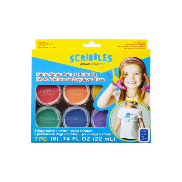 Scribbles Finger Paint & Roller Kit, Kid Safe, Permanent Fabric Paint, Washes Off Skin, 6 Colors