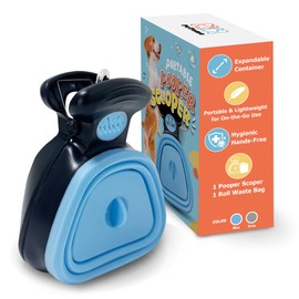 potomo Dog Pooper Scooper – Hands-Free Dog Poop Scooper with Bag Attachment & One-Handed Use – Clip-On, Portable Poop Scoop for Small & Medium Dogs – Built-in Dispenser with 10 Bags (Blue)