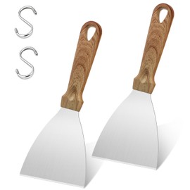 Joyfair 2 Pieces Griddle Scraper, Stainless Steel Slant Edge Grill Scrapers for Food Service/Cooking/Cleaning, Ideal for BBQ Indoor & Outdoor, Black Plastic Handle, Dishwasher Safe