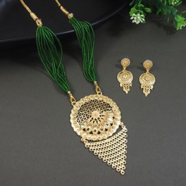 I Jewels Gold Plated Traditional Green Beads Necklace with Jhumka Earrings Set For Women (MS151), Free Size, No Gemstone