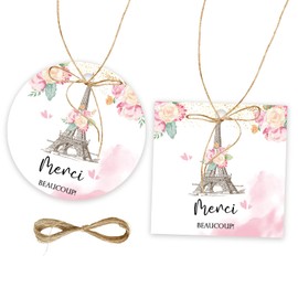 FORSHEEP Paris Thank You Tags, Eiffel Tower Gift Tags with String, 50pcs, Paris Themed Party Favors