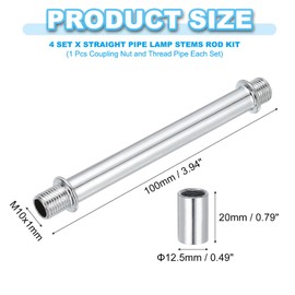 PATIKIL Straight Tube Lamp Stem Set, Lamp Stem 4 Pieces M10 Carbon Steel 100 mm (3.94 Inches) Long Double Sided Threaded Tube with Coupling Nut Sleeve for Chandelier, Silver Tone