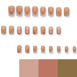 24Pcs White French Press on Nails Short Square WLGDLH Orange Glitter Fake Nails with Lines Flowers Design Nude False Nails Full Cover Glue on Nails Glossy Stick on Nails for Women DIY Manicure