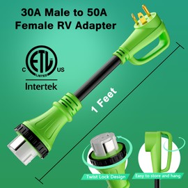 RV Adapter Plug 30 Amp to 50 Amp Cord with Locking Connector, NEMA TT-30P Male to SS2-50R Female, STW, 10AWG, Heavy Duty Electrical Power Cord, 125 Volts 3750 Watts, 1FT, Green