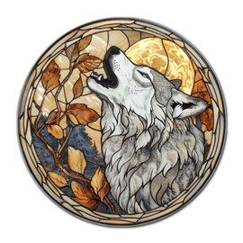 Lygond Metal Sign Tin Sign Circular Stained Glass Gray Wolf Funny Outdoor Decor for Gift 8×8 Inches