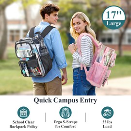 PACKISM Clear Backpack with Lunch Bag for School - 17 inch Heavy Duty Clear Bookbag with 3 Front Pockets for Students, Transparent PVC See Through Backpacks, Black (Age 12+)