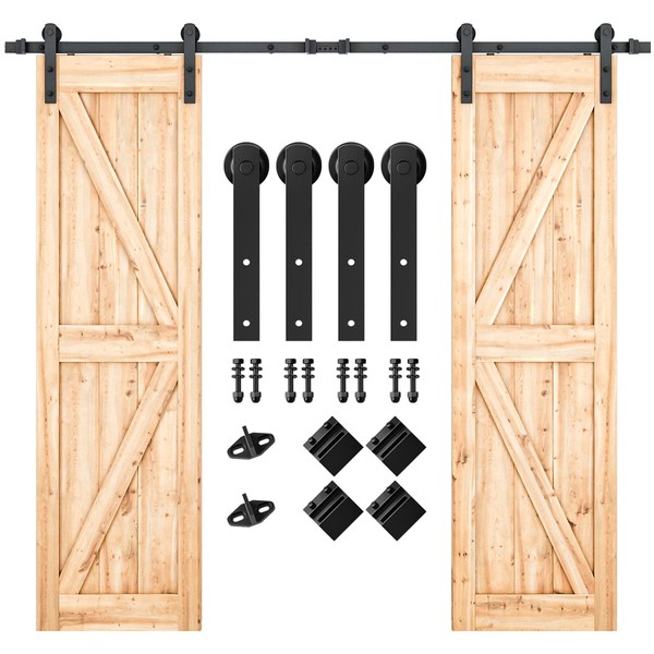 SMARTSTANDARD 8FT Heavy Duty Double Door Sliding Barn Door Hardware Kit,Smoothly and Quietly-Easy to Install-Includes Step-by-Step Installation Instruction Fit 24" Wide Door Panel