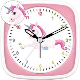 Eurotime Wecker für Mädchen mit Einhorn, Rosa Pink, Kinderwecker, Kunststoffgehäuse und Kunststoffglas, geräuscharmer Wecker, kein Ticken, mit Licht und Weckwiederholung, 27015-22