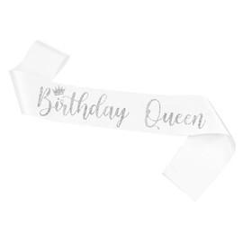 Conggluuo Birthday Queen Sash, Birthday Sash White for Women and Girls with Shinning Silver Glitter Letters Birthday Gift for Birthday Party Favors Decorations and Supplies Wihte Silver
