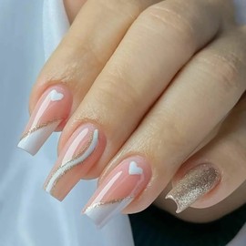 Press on Nails Medium Heart Coffin False Nails with Swirl Glitter Full Cover Stick on Nails White Heart Acrylic Nails French Tip Glue on Nails Glossy Artificial Nails Nail Decorations for Women Girls
