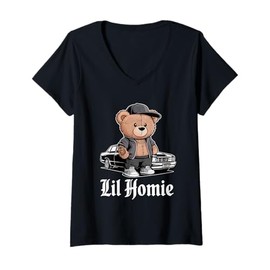 Womens Lil Homie Hip Hop Teddy Bear Lowrider Chicano Cholo V-Neck T-Shirt