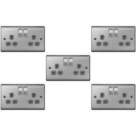 British General BG Electrical nbs Switch Socket Outlets - Brushed Steel,Grey,22g/5 5 x Twin 13 A