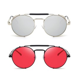 RONSOU Steampunk Style Round Vintage Sunglasses Retro Eyewear UV400 Protection Matel Frame Silver & Red Lens