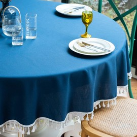 Round Solid Color Tablecloth with Tassels Wrinkle Free Heavy Duty Washable Decorative Table Cover for Dining, Kitchen, Party, Buffet, Wedding, Banquet, Holiday (70 inch, Navy Blue)
