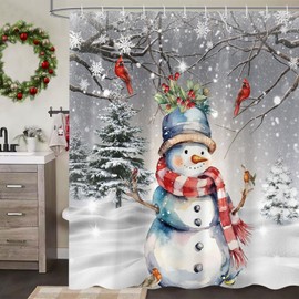 Merry Christmas Snowman Shower Curtain Sets, Watercolor Snowman and Cardinals Pine Tree Redbird Robin Snowflake Winter Holiday Happy Bathroom Curtain，Waterproof Polyester with Hooks 72 x 72 Inches