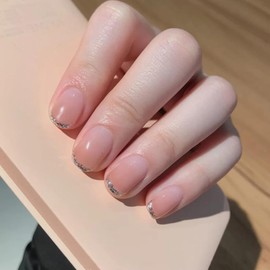 24Pcs Acrylic Press on Nails Short Square Fake Nails White Ombre False Nails with French glitter Tips Press ons Designs Nails Press on Artificial Nails Stick on Nails For Women Girls