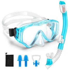 HIKOTEY Snorkeling Set for Kids, Full Dry Snorkeling Mask Set for Adults, Anti-Fog Protection, Unisex,HD Panoramic View, Snorkeling Gear for Kids 4-14 Age (Transparent+Blue)