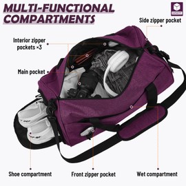 BECOJADDE Gym Bag for Women Men with Shoe Compartment & Wet Pocket, 35L Travel Sports Duffel Bags Overnight Bag Weekend Bag Hospital Bag with Padded Shoulder Strap for Fitness and Workout, Purple
