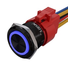 APIELE 10 Amp 22mm Momentary Push Button Switch 12V Angel Eye LED Waterproof Round Self Reset 7/8'' 1NO 1NC (Black Aluminum, Blue)
