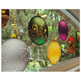 Set of 8 x 6" Ornament 'Hanging' Christmas Window Cling Decals with 38" 'Strings'. Reusable Non Adhesive Vinyl Holiday Decor Decoration for Windows and Glass. Made in America.