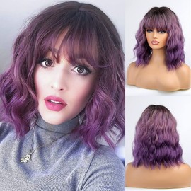 Esmee Short Wavy Ombre Purple Bob Wig with Bangs for Women Natural Synthetic Hair Ombre Wigs with Dark Roots Cosplay Party Use -14 Inches