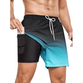 SILKWORLD Mens Swimming Trunks with Compression Liner 2 in 1 Quick-Dry Bathing Suit with Zipper Pockets, Gradient-Blue, X-Large