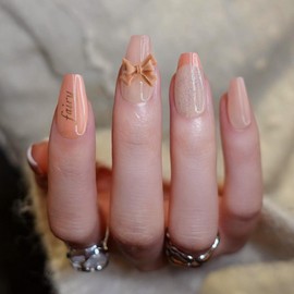 Square Press On Nails - Soft Gel Press On Nails Short with Nail Glue, 15 Sizes - 30 Reusable Fake Nails Kit Pink French with bow design