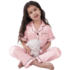 SWOMOG Satin Pyjamas for Teenage Girls Short Sleeve Button-Down Pjs 3 Pcs Kids Nightwear Short Sleeve Lounge Sets Pink 12-13 years old