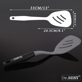 Dr.BEST Silicone Slotted Turner Spatula,Heat Resistant,Non-Stick, Ergonomically Handle,Soft Grip,Assorted-color Design(Black/Gray)