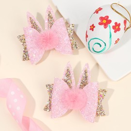 2pc Glitter Pink Easter Bunny Hair Bow Clip Alligator Hairpins Barrettes for Girls Kids Spring Holiday Decor Accessories Gift (Easter H)