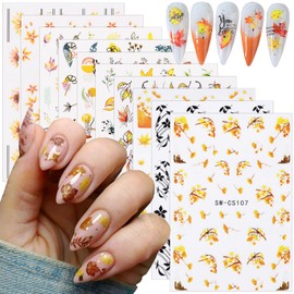 Fall Nail Art Stickers 3D Maple Leaves Nail Stickers Turkey Day Yellow Autumn Leaves Decals Self-Adhesive Nail Art Designs Thanksgiving Nail Supplies for Women DIY Nail Art Foils Accessories 10 Sheets