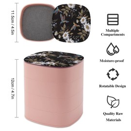 Humming Bird and White Chamomile Flower Embroidery on Black Women Jewelry Box with Mirror, Storage Bag Case for Rings, Necklaces, Bracelets, 360 Degree Rotating 4-layer Tray with Lid