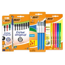 BIC Pens, 10 Cristal Original Black Pens, 5 Cristal Original Colouring Pens, 3 Original 4 Colours Pens, 5 Highlighter Grip Pens, School Supplies, 23 Pack