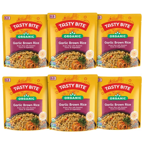 Tasty Bite Organic Brown Rice Garlic, 8.8 Ounce, Pack of 6, Ready to Eat, Microwavable, Gluten-Free Garlicky Rice
