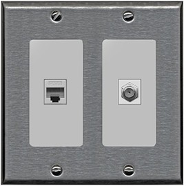 RiteAV - 1 Port Coax Cable TV- F-Type 1 Port Cat6 Ethernet Dual Gang Wall Plate - Stainless Steel/Gray