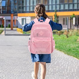 MOONBABY Mesh Backpack for Girls Mesh Bookbag Heavy Duty See Through Semi-Transparent School Bag for Swimming, Beach, Sports, Work, Travel (Pink)