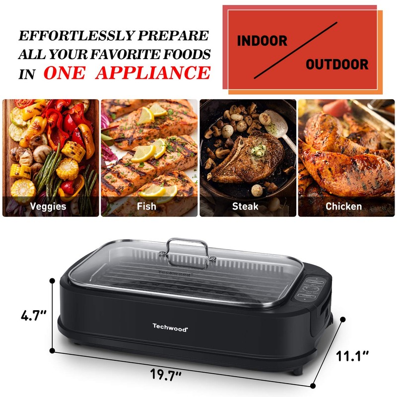Techwood 1500W Smokeless Indoor Electric Grill with Non-Stick Plates and