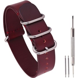 uEmoh One-Piece Nato Style Leather Watch Bands Genuine Watch Straps for Men Women- 14mm 16mm 18mm 20mm 22mm 24mm Top Grain Cowhide Leather Watch Strap (24mm, Wine Red/Sliver Buckle)