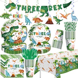 Srua Don Dinosaur 3rd Birthday Party Supplies Decorations, Dino Theme Three Rex Birthday Decorations, Paper Plates, Cups, Napkins, Tablecloth, Disposable Cutlery, Swirls, Banner, Serves 24