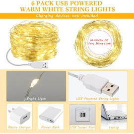 Macarrie 6 Pack Fairy Lights USB Powered 16 ft 50 LED Warm White String Lights Plug in for Xmas Indoor Outdoor Party Wedding Home Festival Tree Garden Decoration